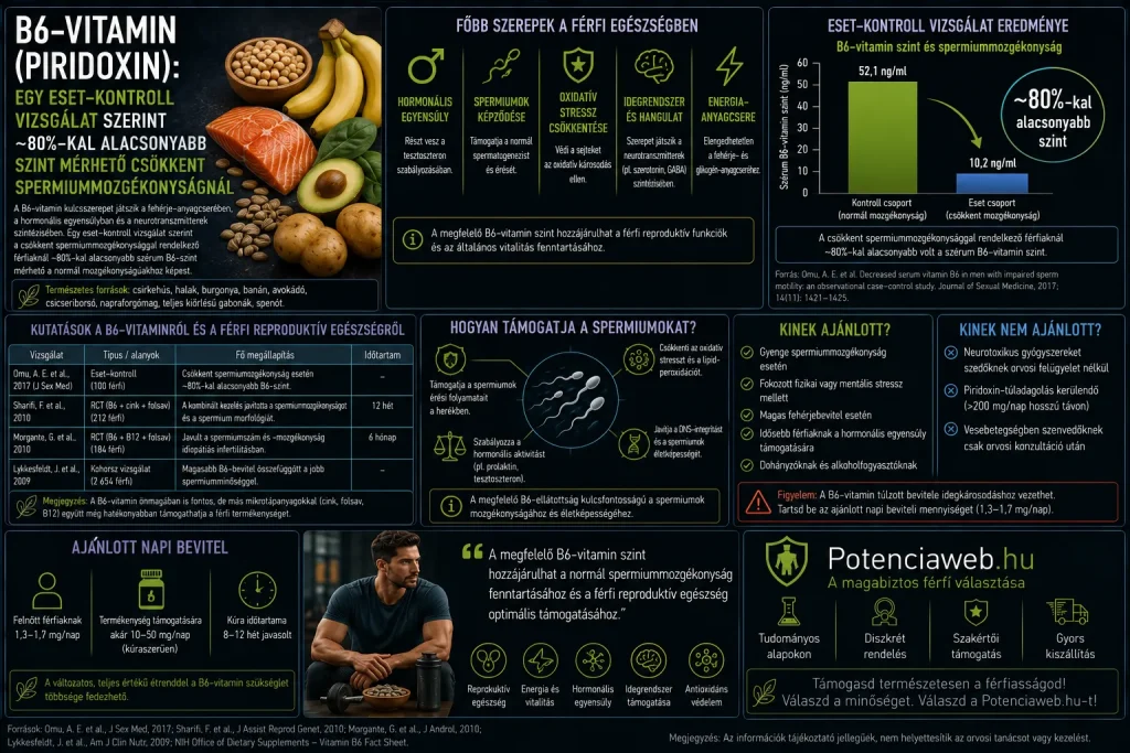 B6-vitamin: egy eset-kontroll vizsgálat szerint ~80%-kal alacsonyabb szint mérhető csökkent spermiummozgékonyságnál