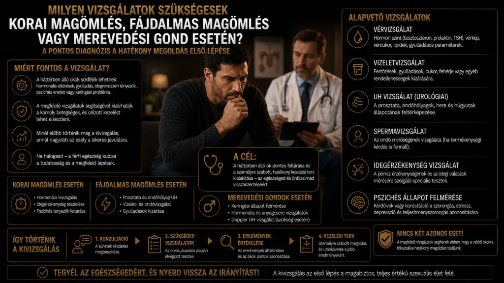 Milyen vizsgálatok szükségesek korai magömlés, fájdalmas magömlés vagy merevedési gond esetén?