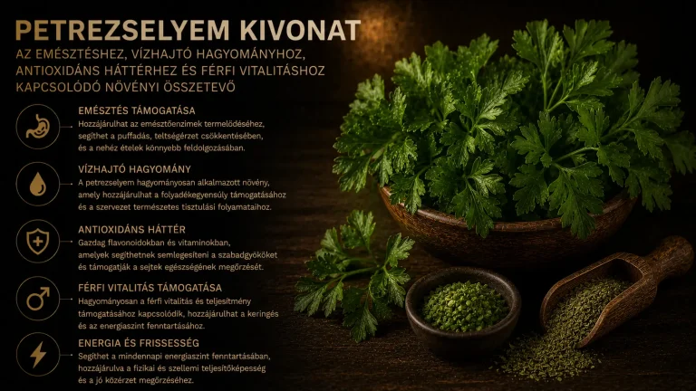 Petrezselyem kivonat – mit érdemes tudni erről az emésztéshez, vízhajtó hagyományhoz, antioxidáns háttérhez és férfi vitalitáshoz kapcsolódó növényi összetevőről?